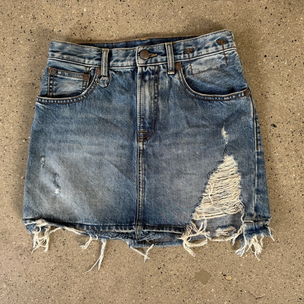 R13 Blue Mini Skirt with Distressed Details